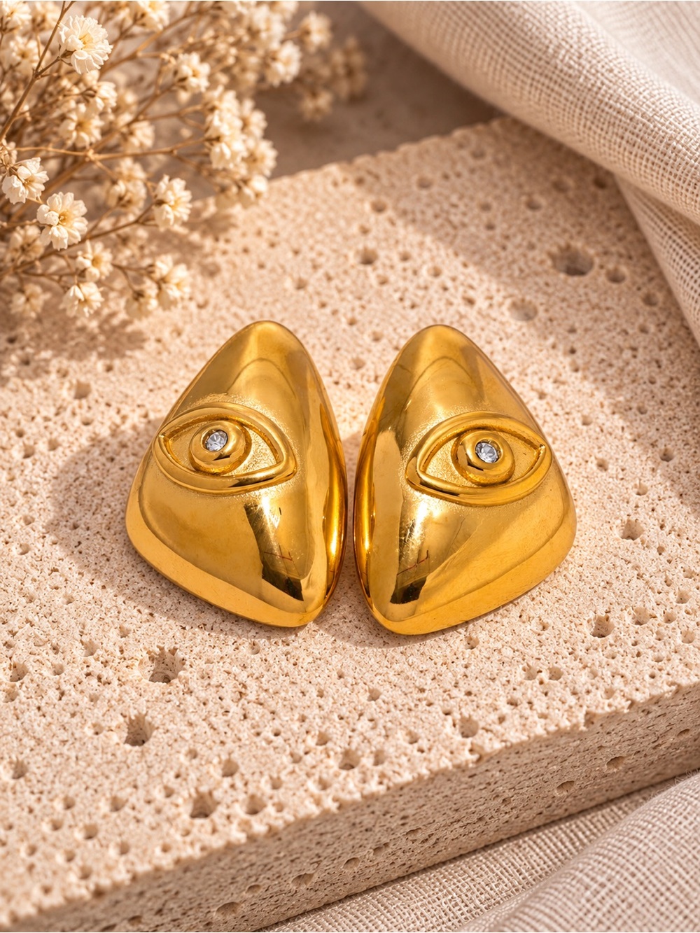 Gold Eye Triangle Stud Earrings - Stainless Steel